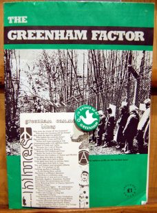 Greenham Common badge, The Greenham Factor and postcard of Greenham Common Blues by ennis gould