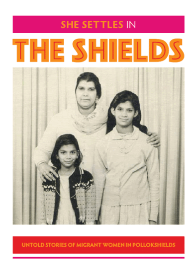 She Settles in the Shields book cover, featuring a black and white photo of a mother and two children.