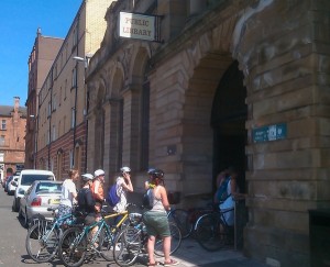 Women cyclists entering our future home in Bridgeton.