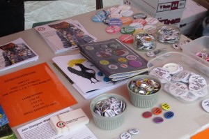 The zines and the various badges the hens created. 