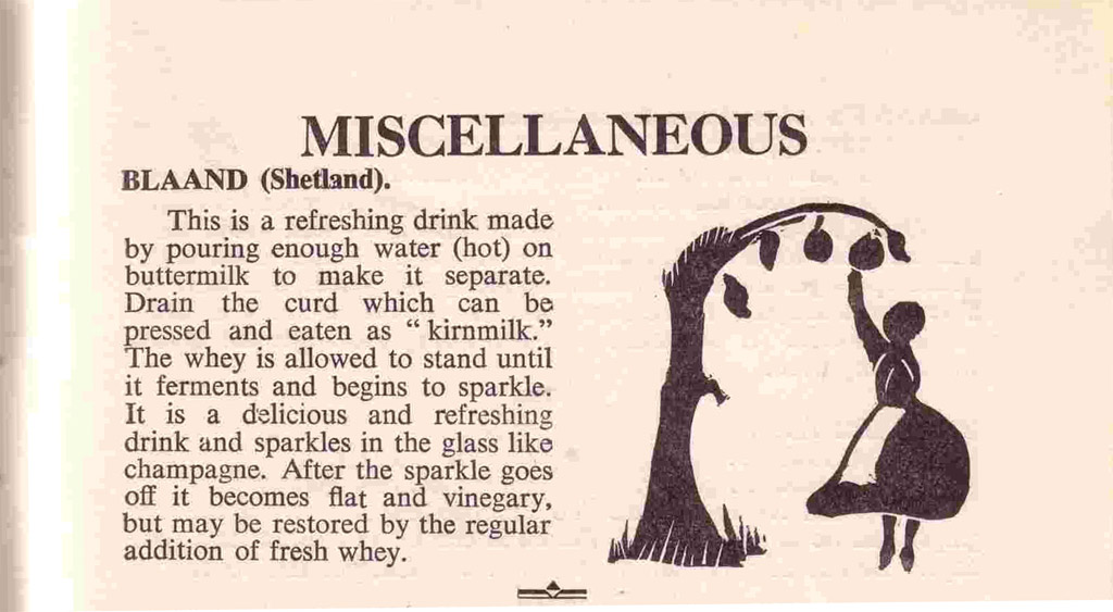 A page from a recipe book, it reads: MISCELLANEOUS Blaand (Shetland) This is a refreshing drink made by pouring enough water (hot) on buttermilk to make it separate. Drain the curd which can be pressed and eaten as “kirnmilk.” The whey is allowed to stand until it ferments and begins to sparkle. It is a delicious and refreshing drink and sparkles in the glass like champagne. After the sparkle goes off it becomes flat and vinegary, but may be restored by the regular addition of fresh whey.