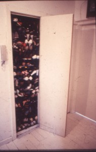 Julie Roberts, Rachael Harris, Lorraine Shadoin and others, Shoe Cupboard with shoes from Paddy's Market, 1990. Image courtesy of Claire Barclay