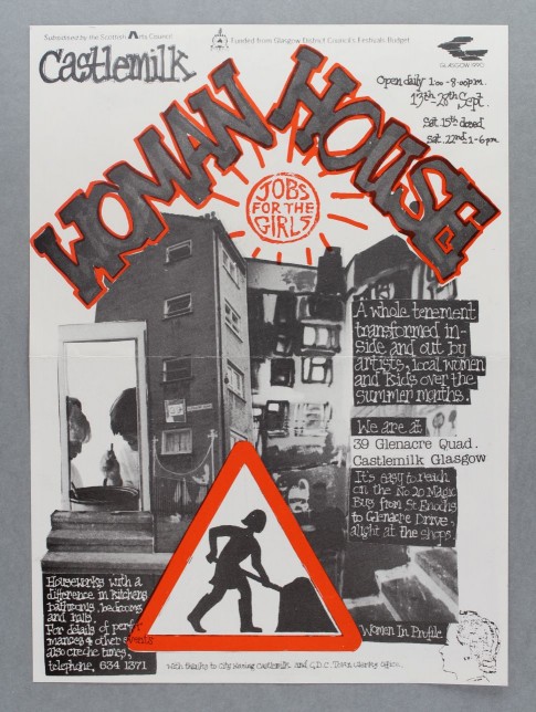 Castlemilk Womanhouse poster with a collage of black and white photos and text, with red highlights, including a red bordered 'working woman' symbol in the style of a road sign at the centre.