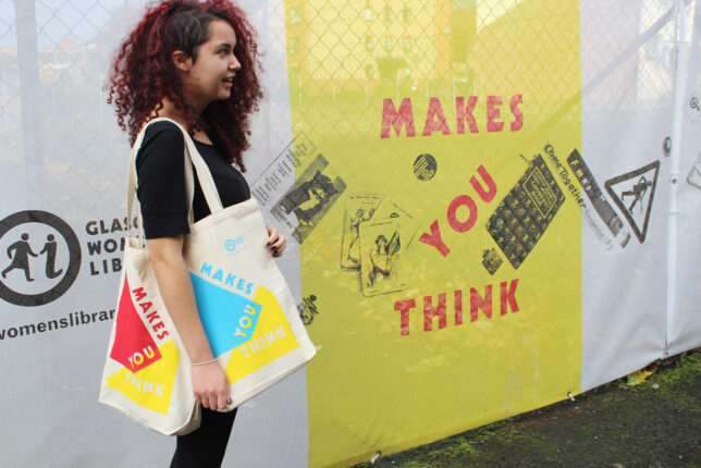 Iona with Makes You Think tote bags