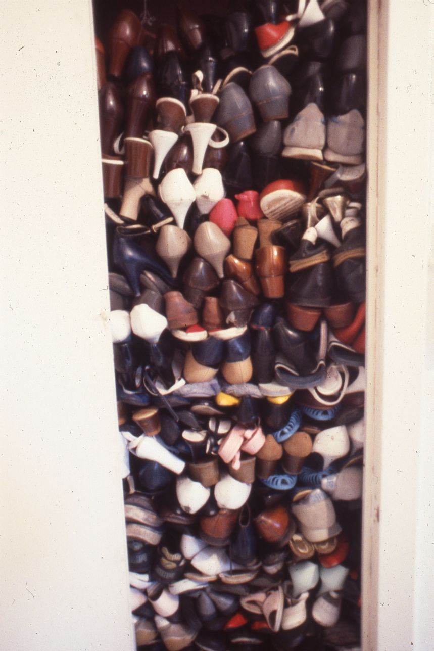 Julie Roberts, Rachael Harris, Lorraine Shadoin and women and children involved in Castlemilk Womanhouse, Shoe Cupboard with shoes collected from Paddy's Market, Castlemilk Womanhouse 1990. Castlemilk Womanhouse collection, Glasgow Women’s Library. © Glasgow Women’s Library (2 of 2)