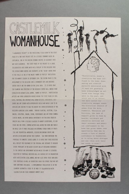What is Castlemilk Womanhouse - Artists Call Out Poster, Cathy Wilkes, Julie Roberts and Rachael Harris, 1990. Glasgow Women's Library collection, © Glasgow Women's Library