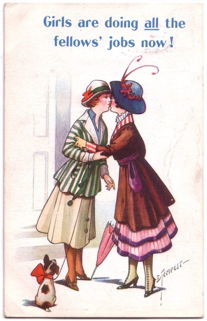 "Girls are doing all the fellows' jobs now!" Anti-suffragette postcard