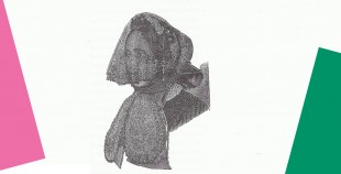Pencil drawing of woman's face with scarf.