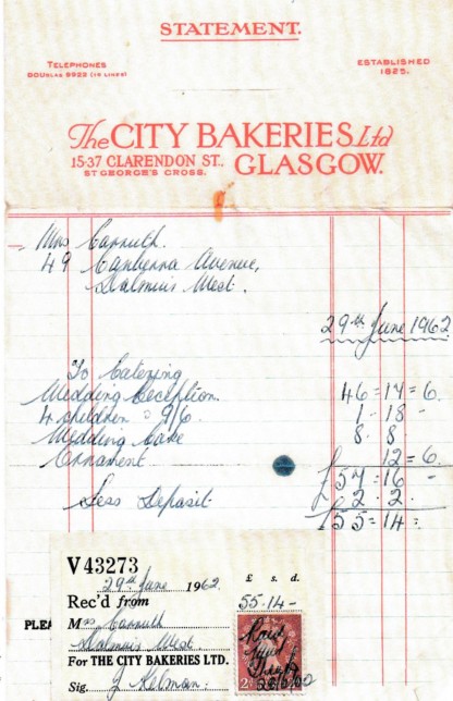 City Bakeries Wedding Catering Receipt