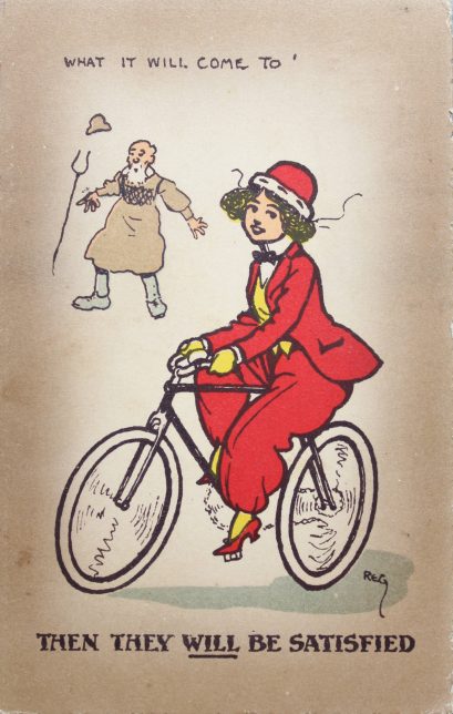 A postcard from the GWL collections. It shows a man looking shocked at a woman riding her bike. He has a u-shaped staff and hat that is flying from his head. The woman is wearing red and has a red hat. Both wheel arches have no colour and the words "then they will be satisfied" is written beneath with the word "will" being underlined. The postcard has a small signature on it.