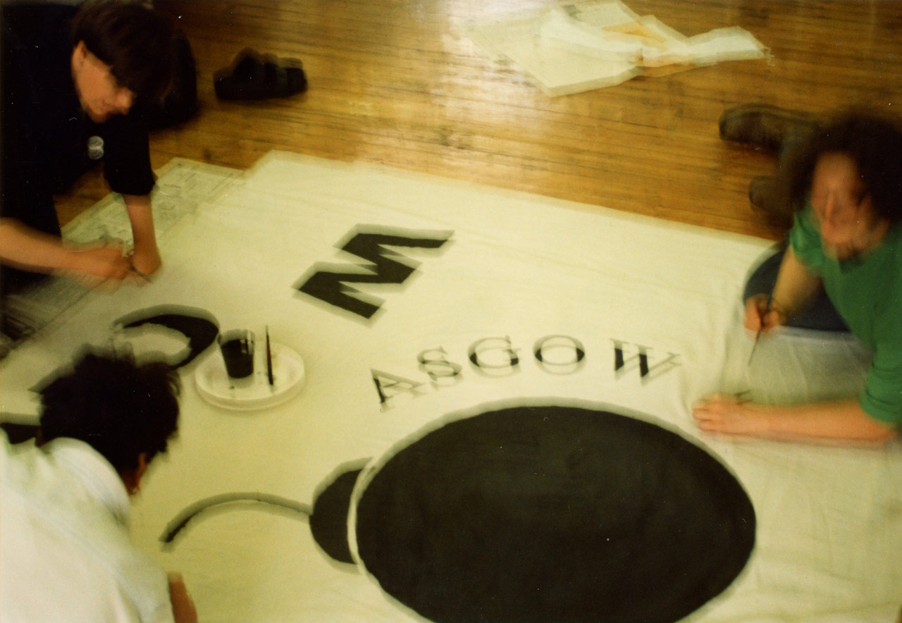 Banner Making at GWL for the Lesbian Avengers action at the Mitchell Library, 1995