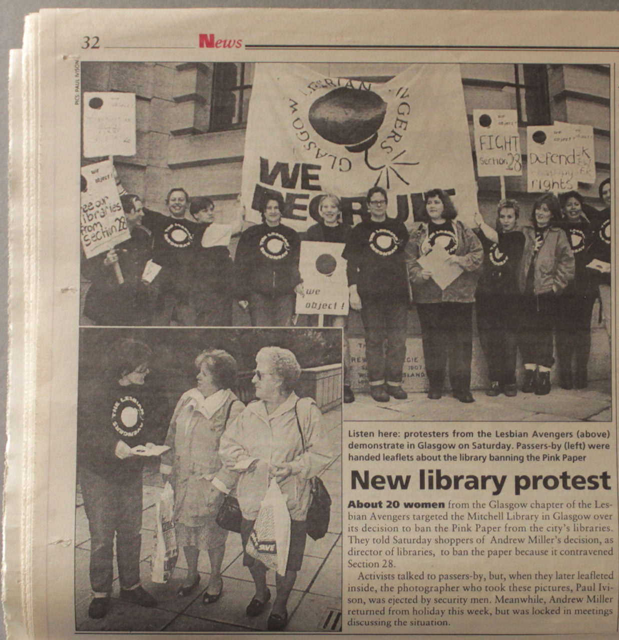 Coverage of the Lesbian Avengers action at the Mitchell Library, Pink Paper, 6th October, 1995.