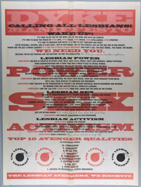 Lesbian Avengers Manifesto and Action Poster, designed by Carrie Moyer, New York, c. 1992-1994