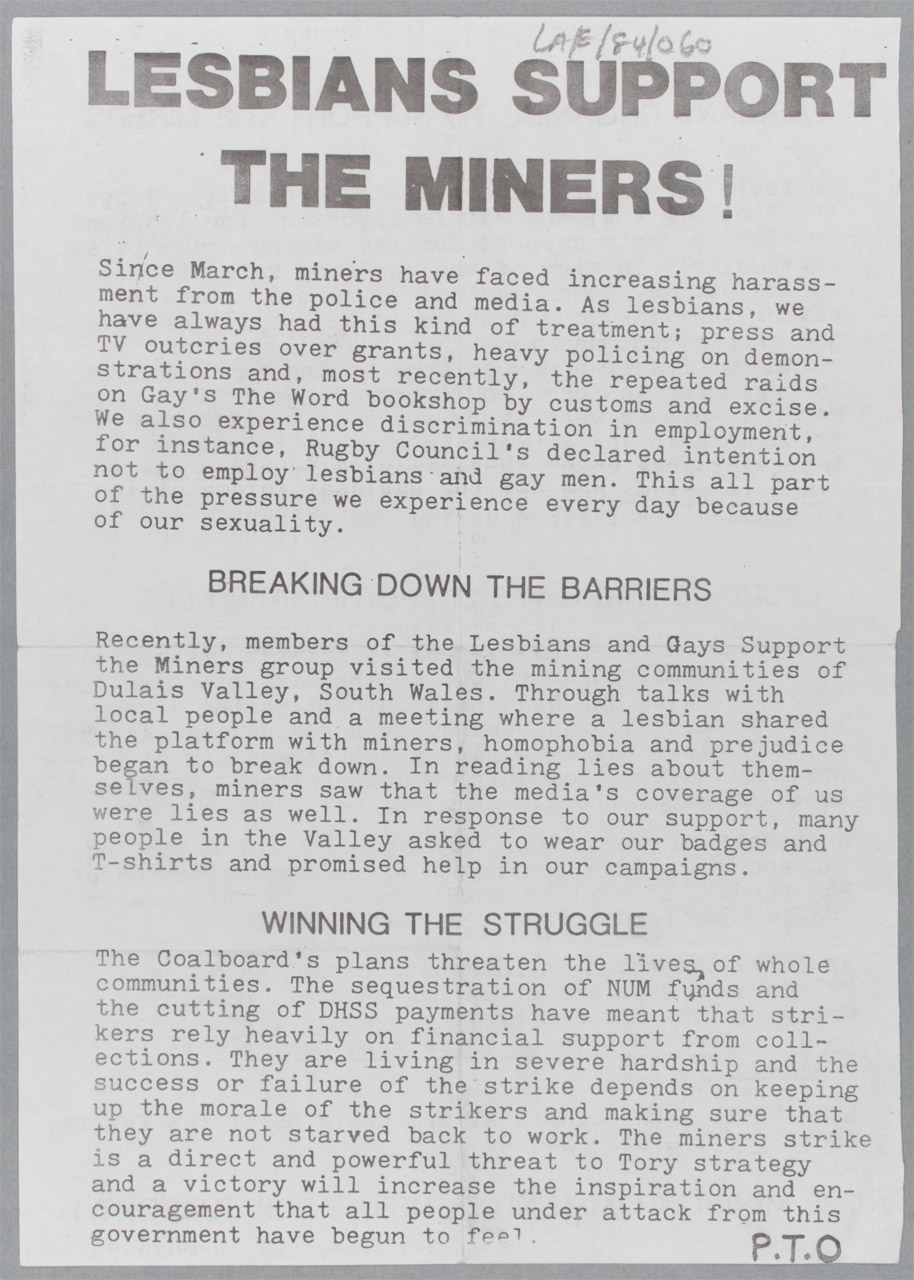 Lesbians Support the Miners flyer,  unknown creator, circa 1984