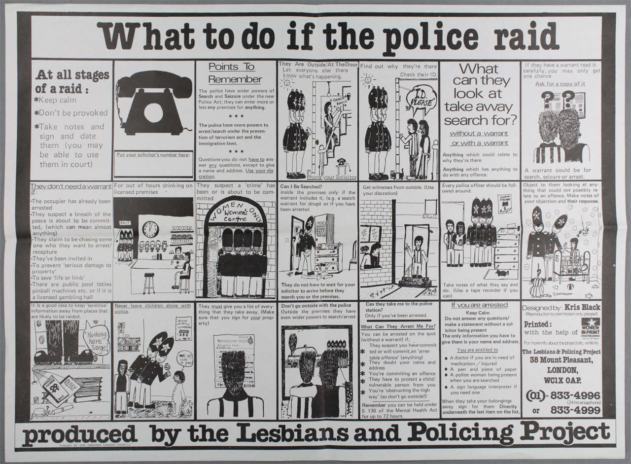 What to do if the police raid (English version), LESPOP, Lesbians and Policing Project poster, designed by Kris Black, c. 1985