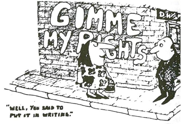 Gimme My Rights. Illustration, Scottish Women’s Aid newsletter, March/April 1984, page 14.