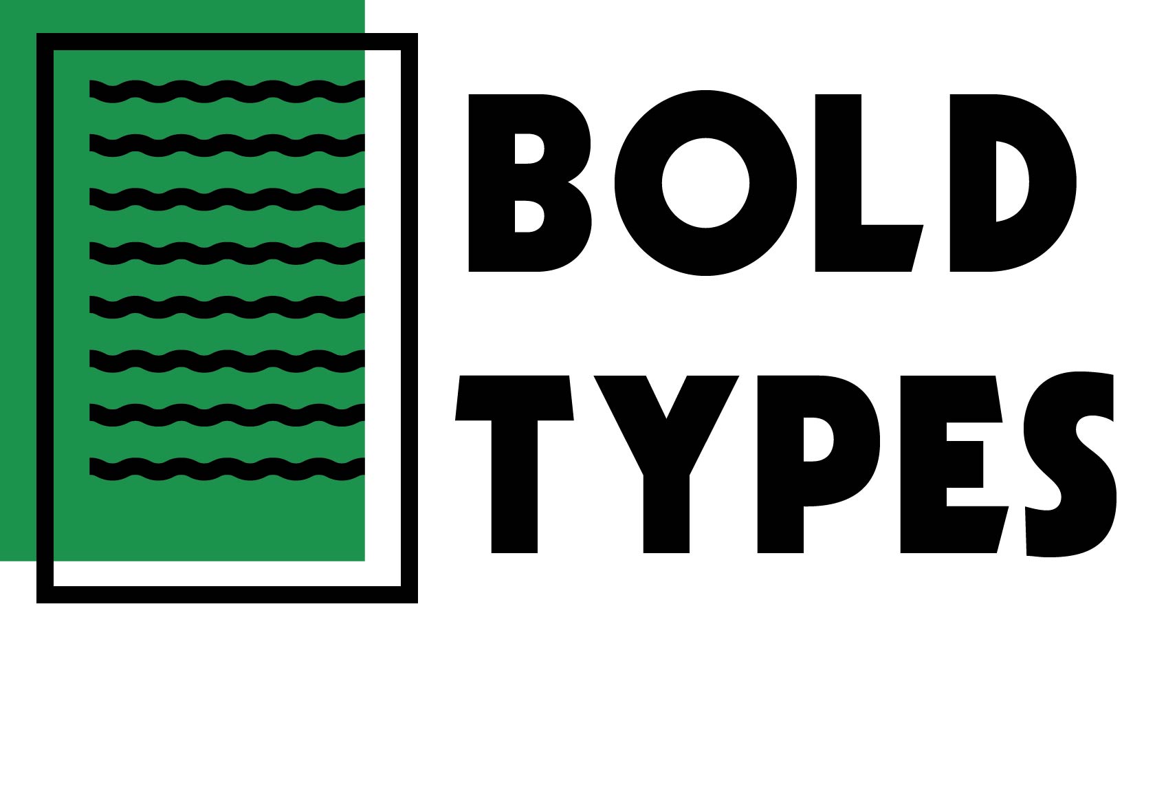 Bold Types Logo that shows a piece of paper with squiggles on it to represent text. The paper has another green rectangle behind it and next to this it says 'Bold Types'