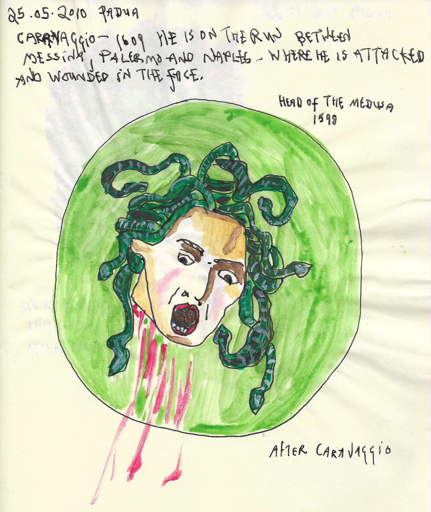 Drawing of Medusa's head (from Greek mythology winged human female with living venomous snakes in place of hair) on a circle of green.