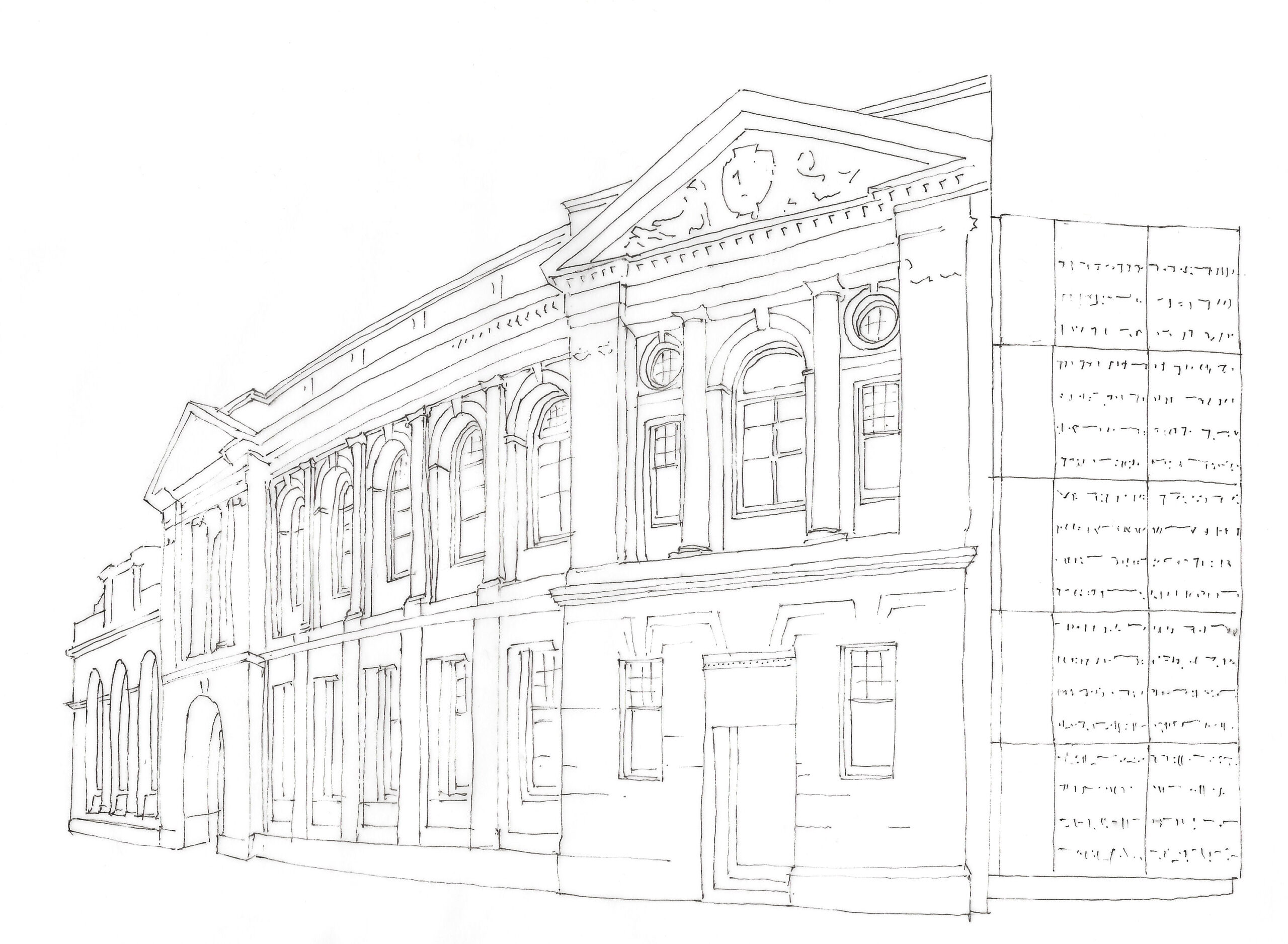 Line drawing of the GWL building, there is no shading but all the details of the facade are picked out and drawn in delicately.