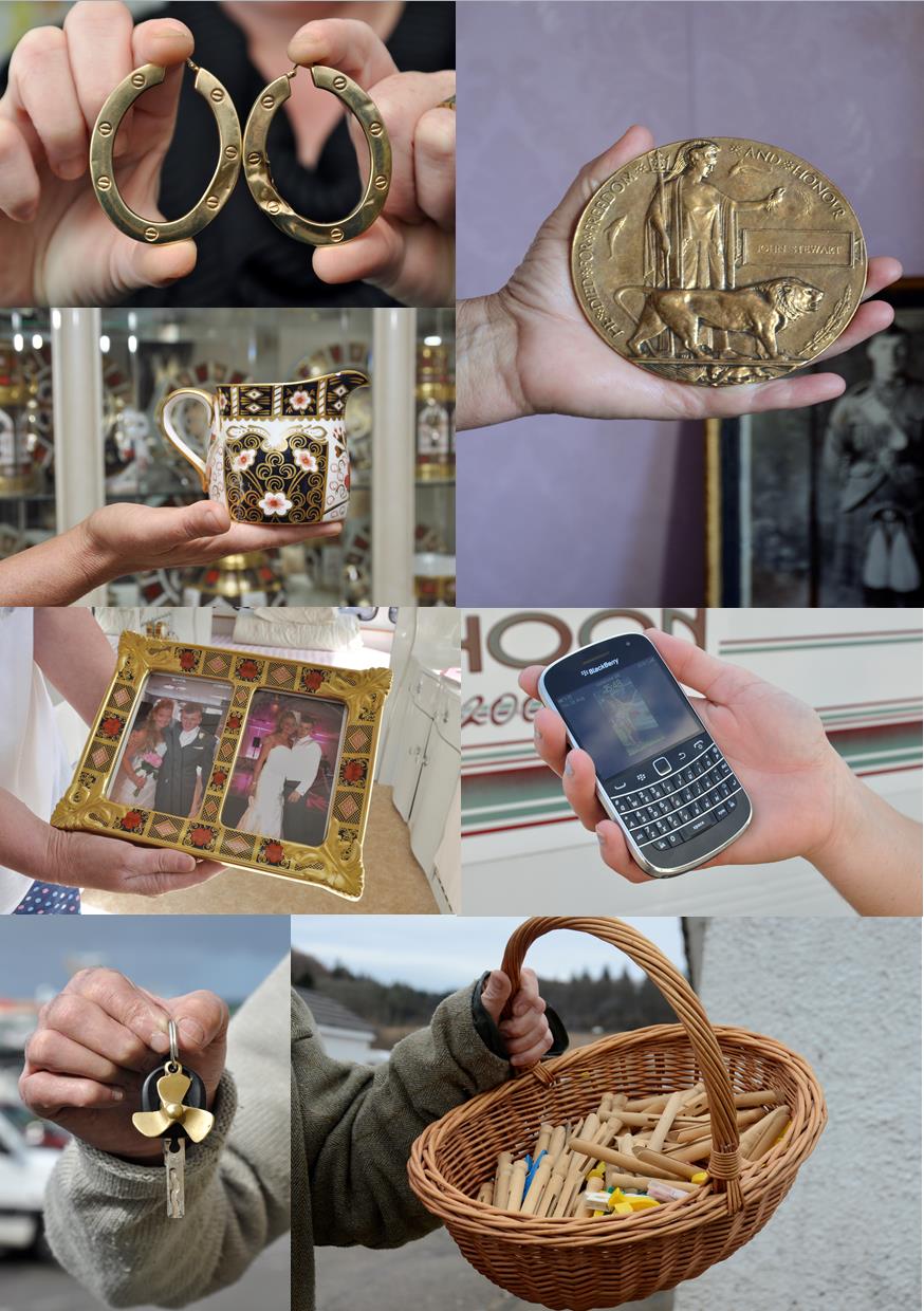 6 separate photographs collaged together displaying hands holding objects ranging from a mobile phone to a basket.