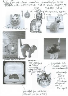 Black and white research collage of cat figurines.