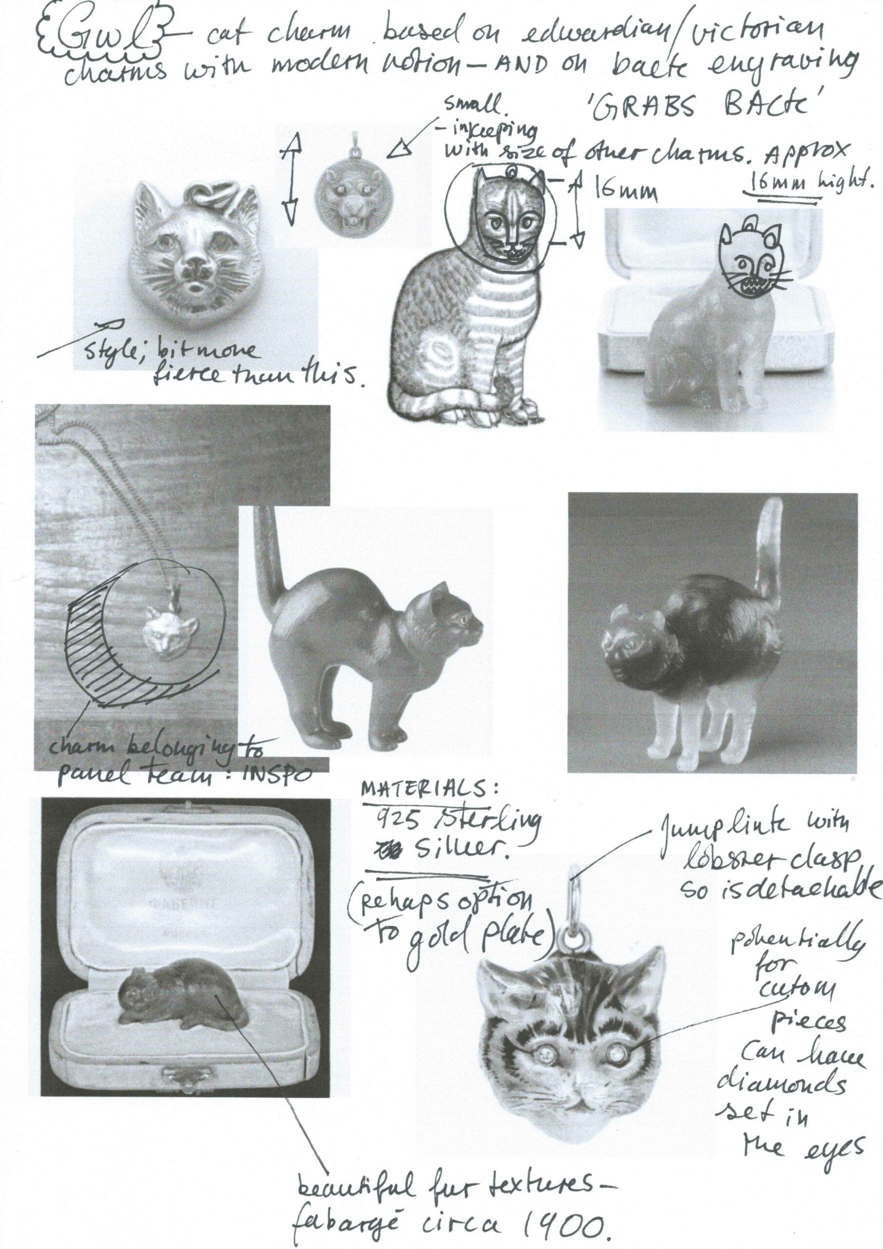 Black and white research collage of cat figurines.