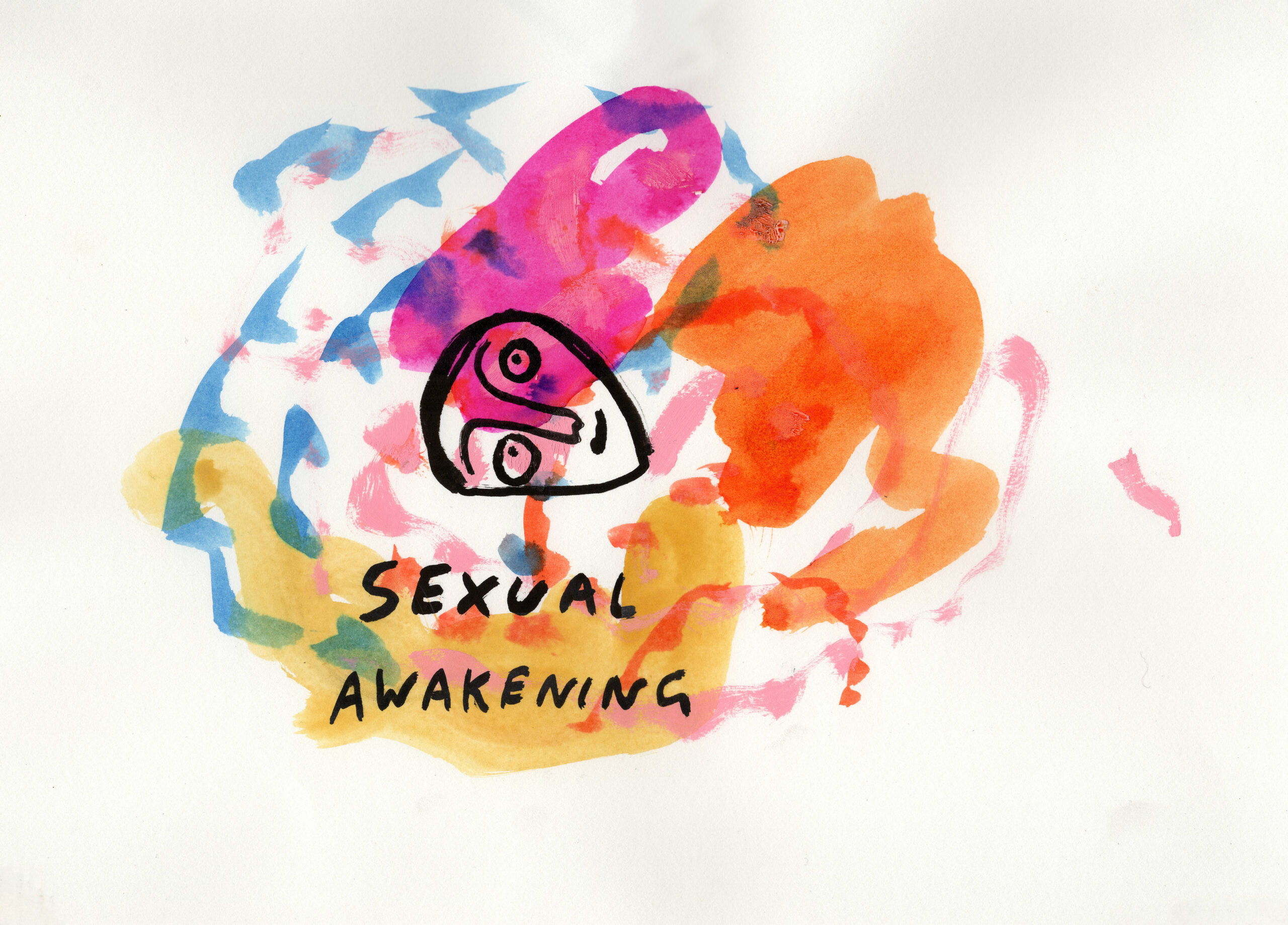 Water colour pen drawing showing a background of orange, pink and yellow areas with the outline of a head that could be lying down. Underneath the head are the words 'sexual awakening'.