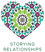 Logo for Storying Relationships, a purple, blue and green heart shaped visual.