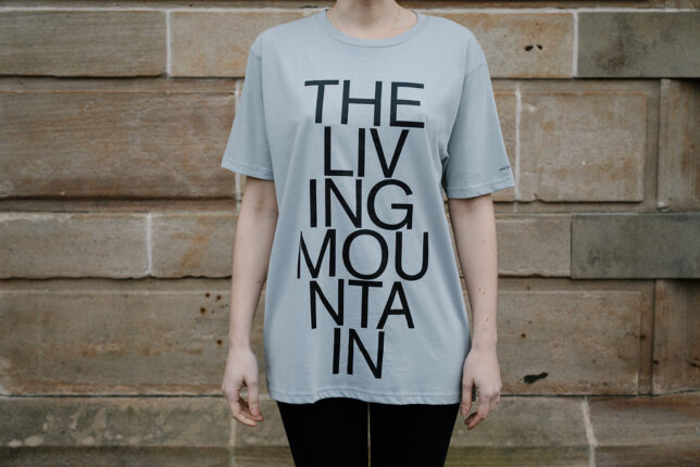 Grey t-shirt with 'The Living Mountain' emblazoned on the front