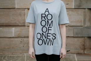 Grey t-shirt with 'A Room of One's Own' emblazoned on the front