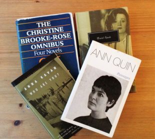 Four books are placed together on a table. Their covers show that books are by Christine Brooke-Rose, Anna Kavan, Ann Quin, and Muriel Spark. It is possible to tell that the Ann Quin book is 'Passages' and the Anna Kavan book is titled 'Who Are You?'.