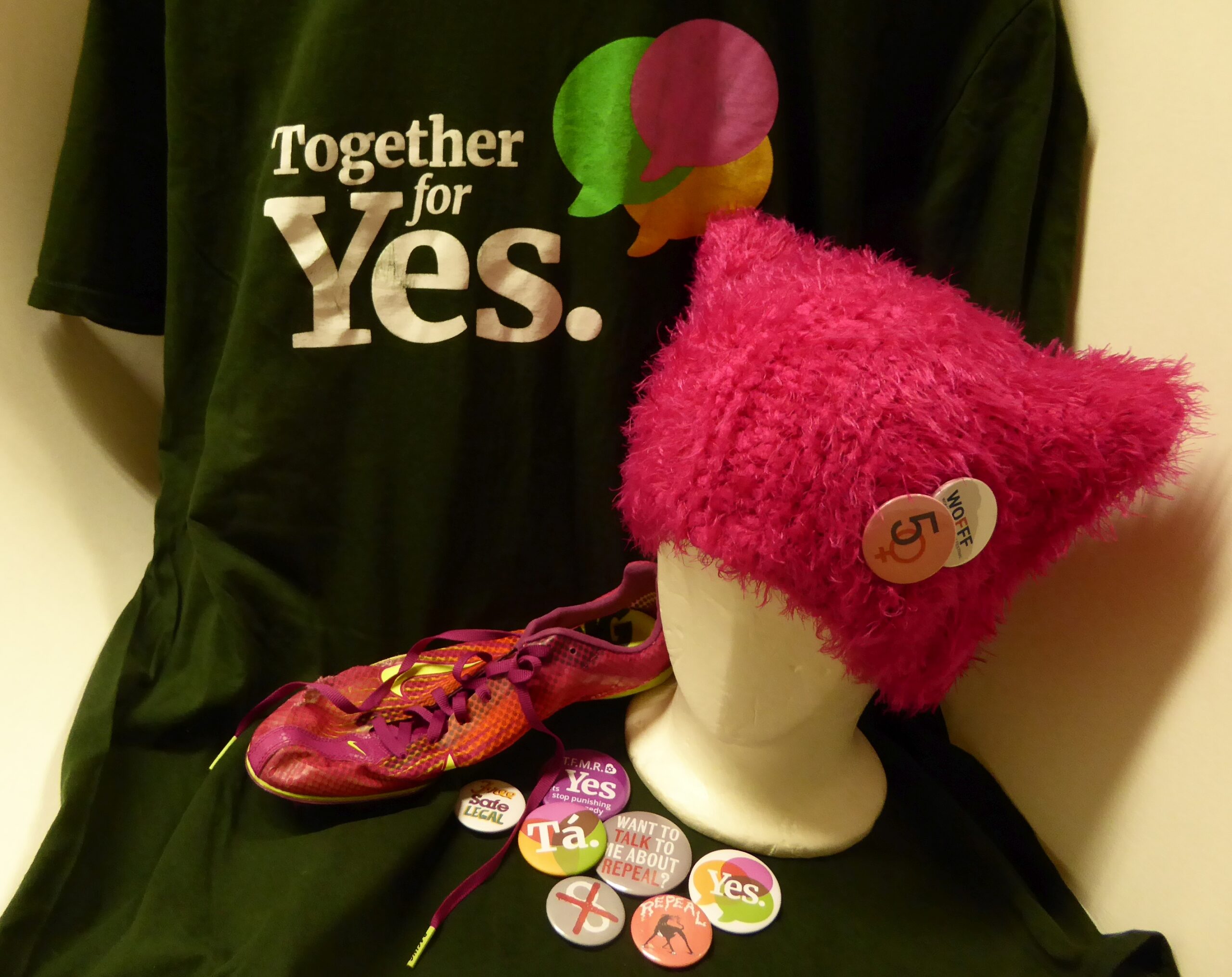Recent Rapid Response additions to our museum collection, including Repeal the 8th campaign material and a pink Women's March Pussy Hat