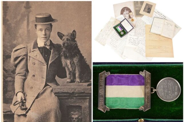 Kate Williams Evans (left), and some of her suffrage-related possessions (right) which have recently been auctioned (Image courtesy of Catherine Southon Auctioneer & Valuer and Wales Online (https://www.walesonline.co.uk/news/wales-news/rare-collection-welsh-suffragettes-belongings-14953061)