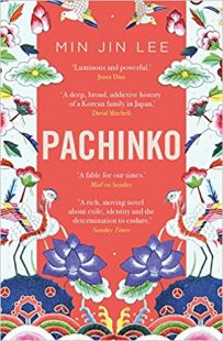 Cover of Pachinko by Min Jin Lee, colorful cover with cranes and flowers on the right and the left 