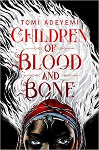 Book cover by Children of blood and bone by Tomi Adeyemi, half face of a black children on the cover with white flame above his head