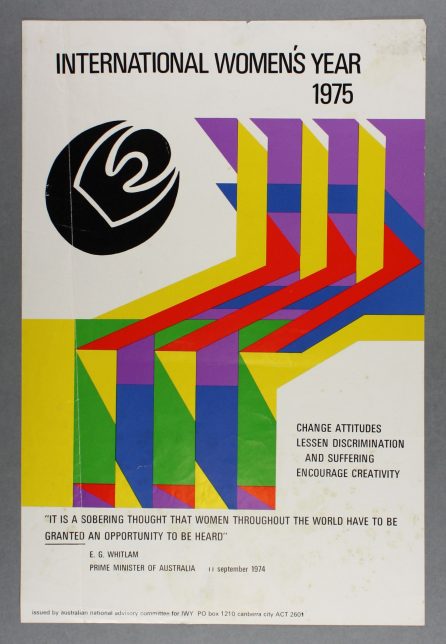 A brightly coloured poster for International Women's Year. It has a black circular shape and a block of text on the right side stating "Change attitudes, lessen discrimination and suffering, encourage creativity" 