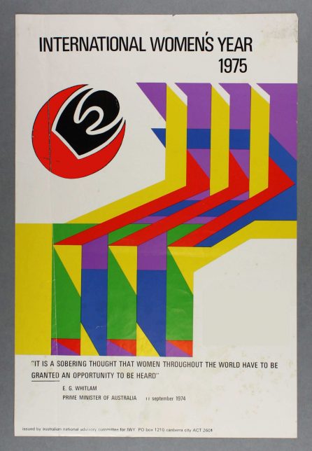 A brightly coloured poster for International Women's Year. It has a red circular shape and no text on the right.