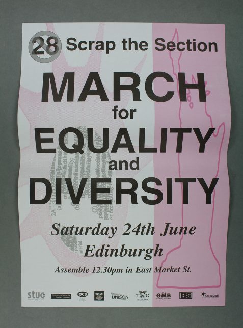 Poster reading 'Scrap the Section / March for Equality and Diversity / Saturday 24th June / Edinburgh' in bold text over a pink and white background featuring an outline of the Statue of Liberty