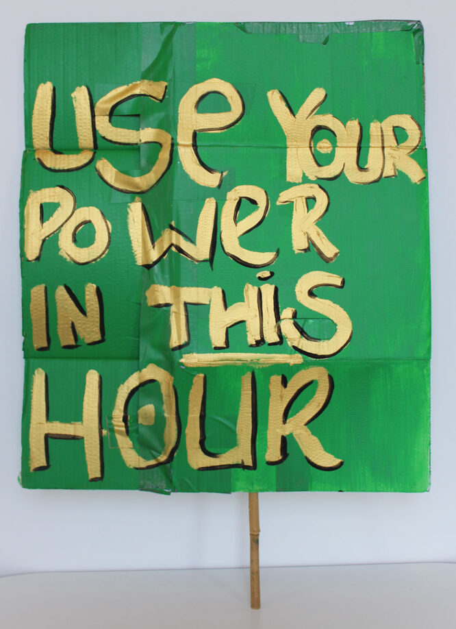 Green placard reading 'Use your power in this hour' in strong gold lettering