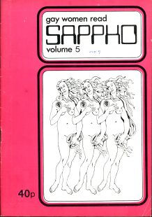 Front cover of Sappho Magazine from the Lesbian Archive at Glasgow Womnen's Library. It reads 'Gay Women Read Sappho' and has three line drawings of Venus copied from Boticelli's painting 'The Birth of Venus'