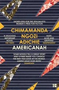 Book cover of 'Americanah', dark blue with colourful geometric shapes