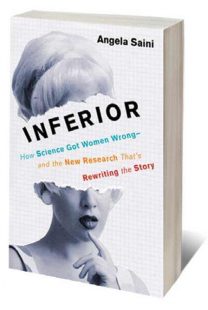'Inferior' book cover, women's face spliced with book title, in greyscale with coloured writing