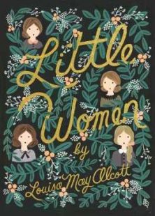 'Little Women' front cover in black with gold writing decorated in figurative leaves and women's faces