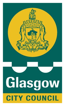 Glasgow City Council logo. A green rectangle with yellow circle showing the Glasgow city crest. Below are the words 'Glasgow City Council'.