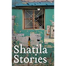 book cover of Shatila Stories, written in large white text with a small word Peirene in white italics on a gold background, in the centre of the cover is a square window with only one pane and with a woman in a light coloured headscarf, her face bent down barely visible. the outside walls of the building are green with peeling paint and posted letters. 