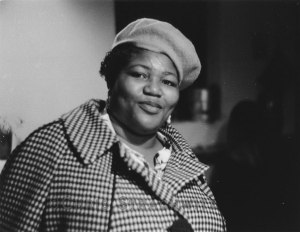 Black and white photograph of Big Mama Thornton smiling