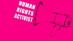 Elizabeth Cady Stanton (Vote 100 animation screenshot that reads 'Human Rights Activist' with a handheld loudspeaker)