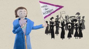 A puppet of Ethel Moorhead, shown holding a 'Votes for Women' pennant. Behind her are the shadows of other women holding banners and pennants.