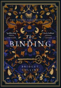 Cover of The Binding. An artwork of blue, gold and dark red colours. An old fashioned key under the text and autumn coloured leafs.