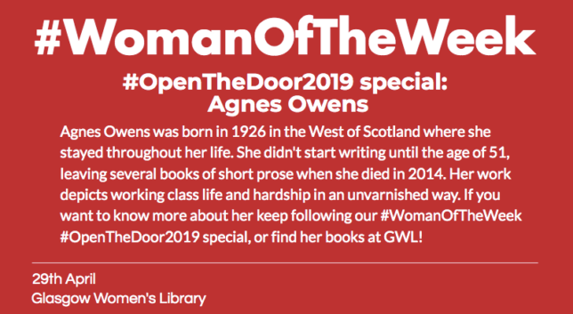 Red post with white, bold writing that reads "Open the door special Agnes Owens"